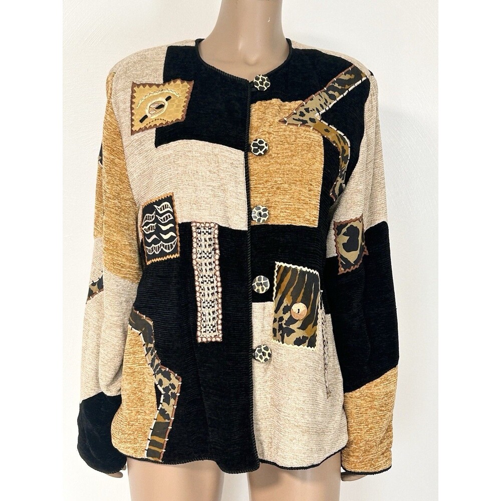 Vtg Allure Chenille Blazer Tapestry Safari Large Beige Patchwork NWT Art Boho